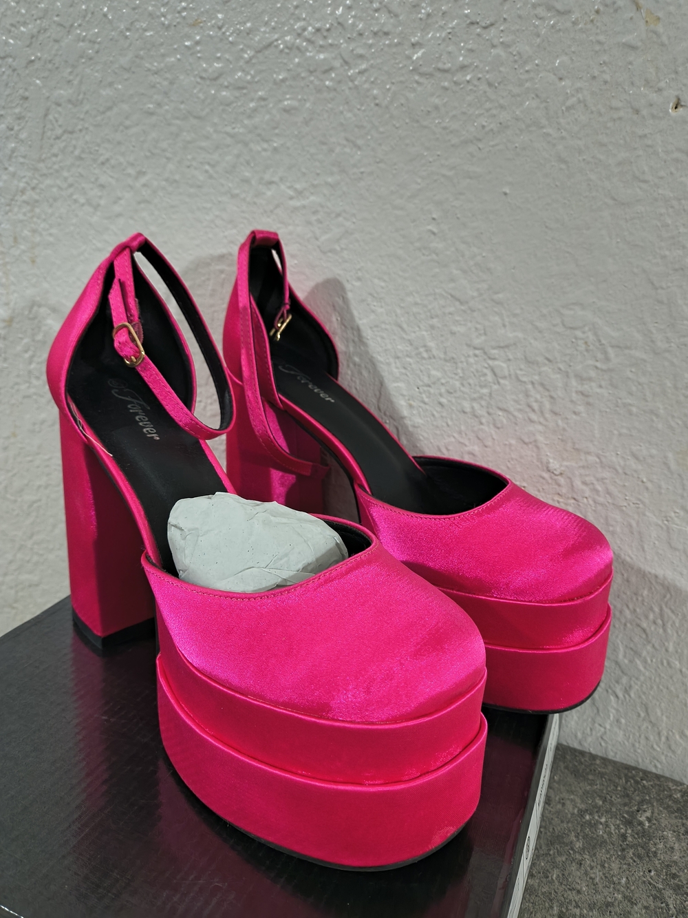 Women's Hot Pink Platform Block Heel Pumps with Ankle Strap